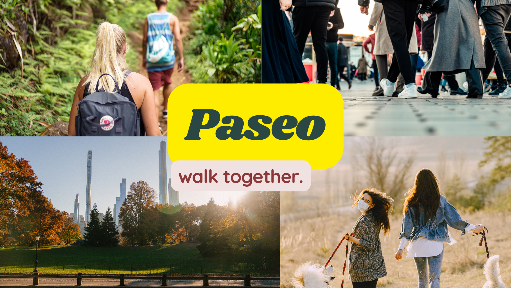 A collage of photos depicit people walking in natural and urban areas